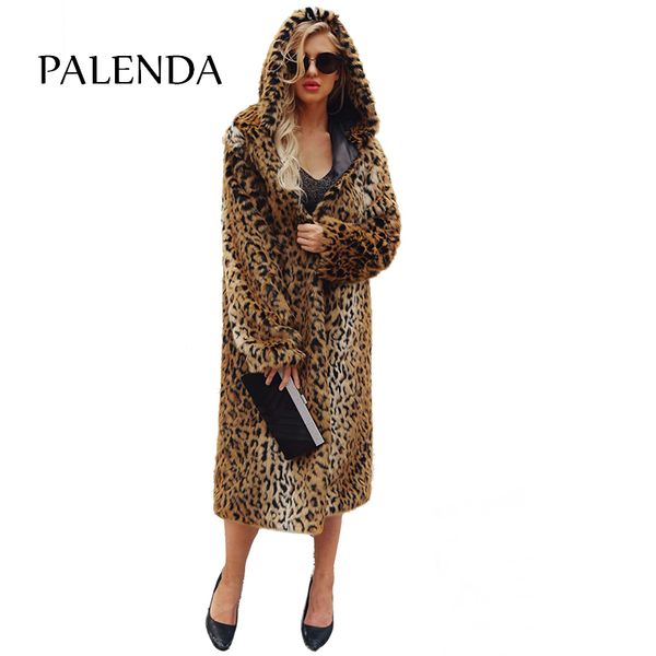 

women's fur & faux women warm coat x-long with trim hood cheetah pattern material oversized thick, Black