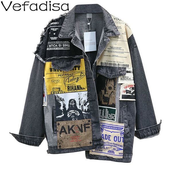 

vefadisa patch designs denim coat woman 2019 asymmetric denim coat autumn winter print streetwear jacket black qyf968, Black;brown