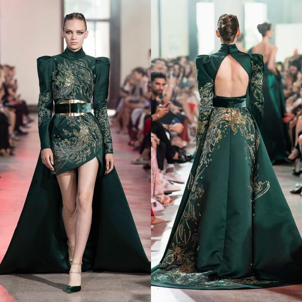 Elie Saab alta Neck High Low Backless manga comprida Trem da varredura A Linha Vestidos Lace Sequins Applique formais vestidos de cetim partido do vestido