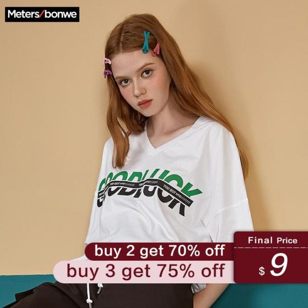 

metersbonwe t-shirt for women casual loose lace up t-shirt women sports letter printing female 726639, White