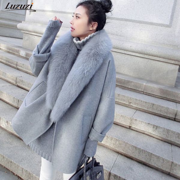 

luzuzi fashion women's spring woolen coat animal fur large size warm wool coat loose thick long jacket cr3871 y190926, Black