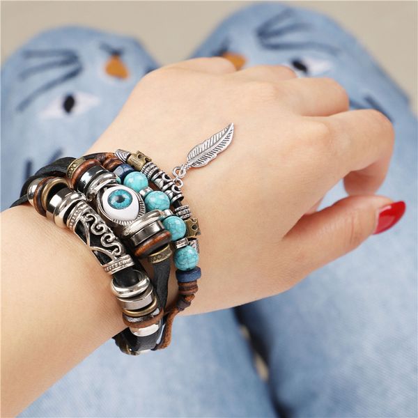 

vintage blue stone feather multilayer leather bracelet eye charms bracelets men women vintage punk wrap wristband jewelry, Golden;silver