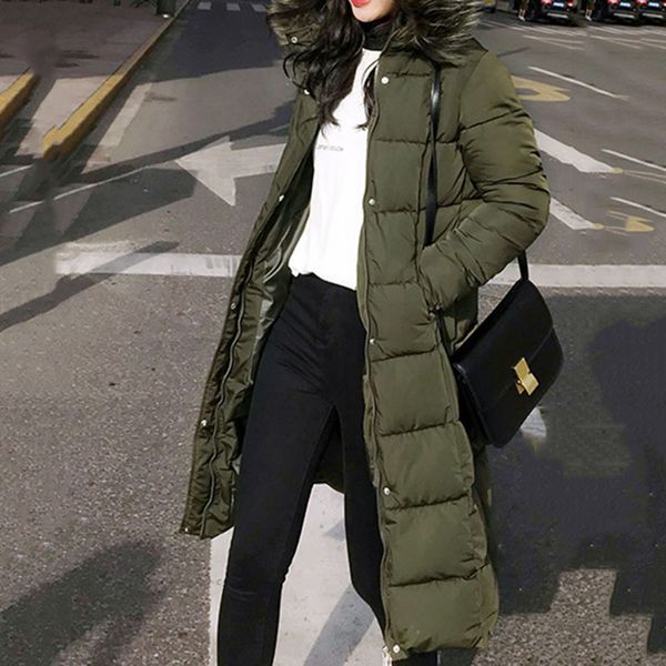 

winter cotton clothes padded jacket long coat women army green thicken parkas female overcoat black white basic coats faux fur