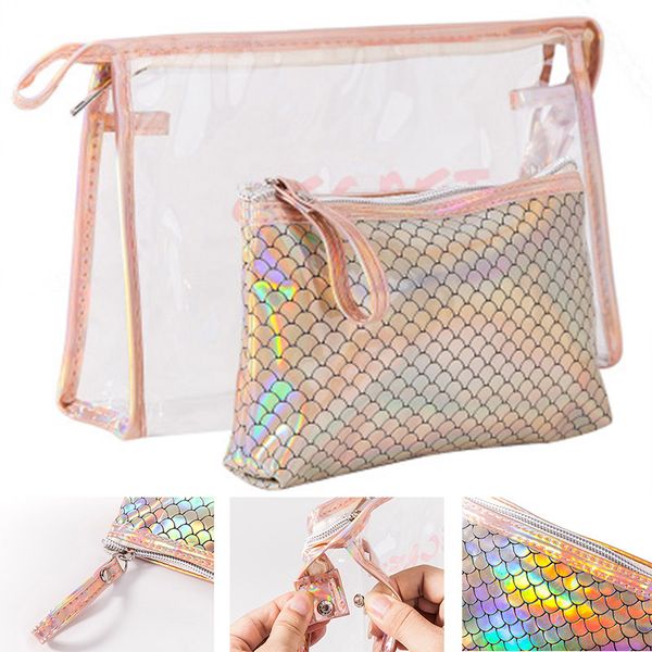 

2pcs portable travel cosmetic bags fish scales makeup organizer large capacity toiletry pouch purse h66