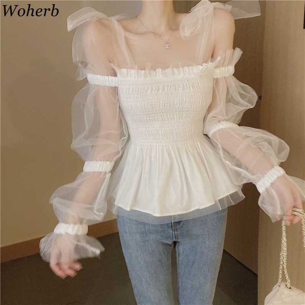 

woherb 2020 spring women blouses puff sleeve gauze see through lace up bow white famale shirts strapless lady 92371