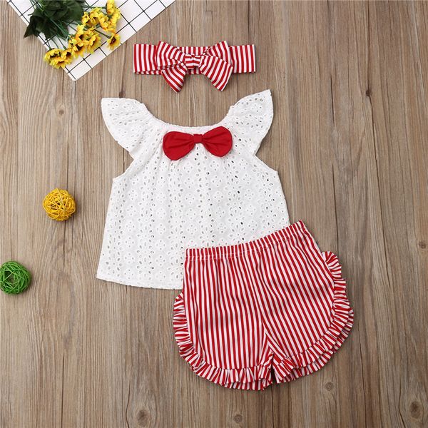 

summer girl kids clothes set flying sleeve bow white striped shorts + headband 3pcs kids designer clothes girls children clothing jy493