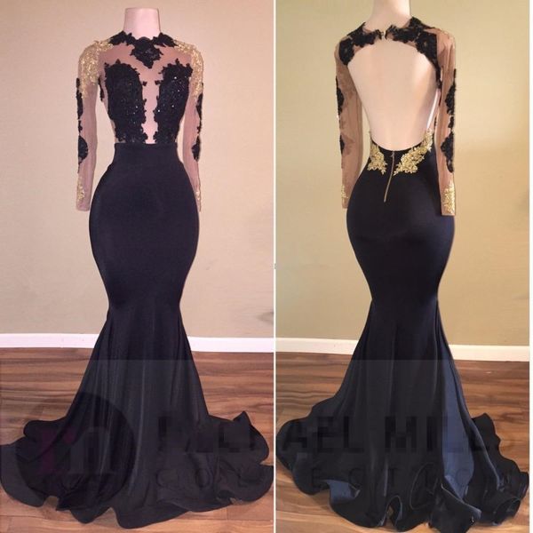 

long sleeve black and gold evening dresses selling new real image custom applique sheer mermaid backless formal prom party gowns e036, Black;red
