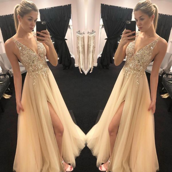 

stunning gold champagne prom dresses v neck sheer beaded sequins tulle vogue front slit evening party gowns boho engagement dresses, Black