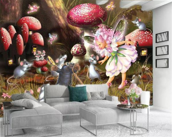 Foto feita sob encomenda papel de parede 3D Um grupo de Rato Elves na Red Mushroom Quarto bela e romântica Decoração Wallpaper