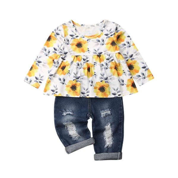 

2pcs toddler kid baby girl floral long sleeve t-shirt dress ripped denim pants holes jeans outfits set baby clothes 1-6y, White
