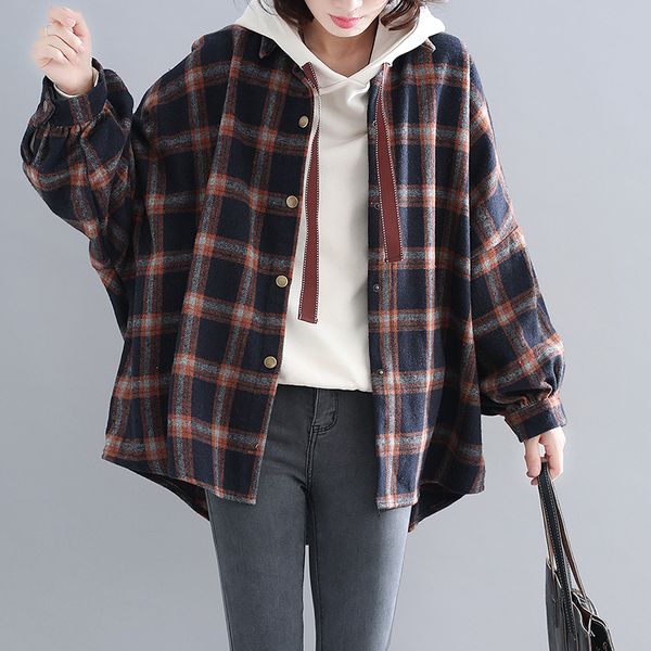 

women korean style coats oversized autumn winter buffalo plaid plus size jacket streetwear outwear vintage zip up, Black;brown