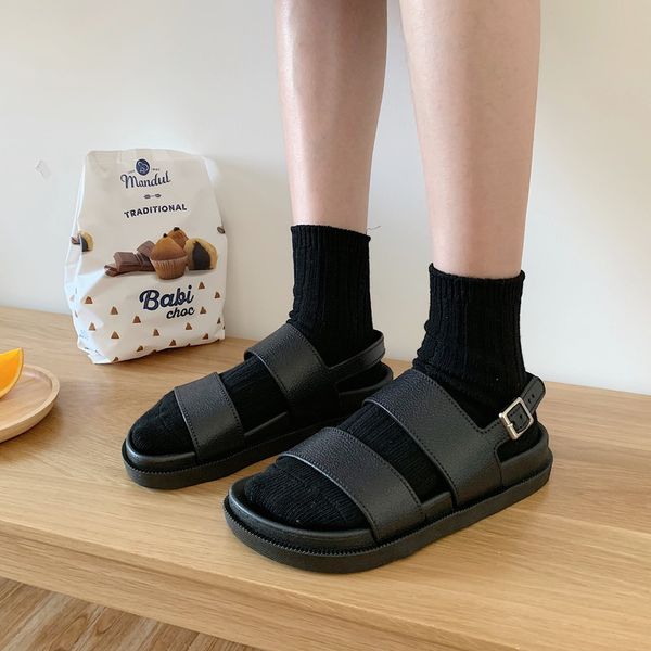 

fashion new summer women shoes rome style women casual sandals solid black buckle ladies sandals vintage flats thick bottom