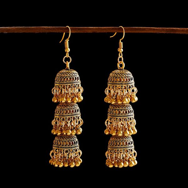 

retro bollywood kundan jhumka jhumki three-layer drop earrings for women boho ethnic gypsy fashion wedding wear jewelry, Silver