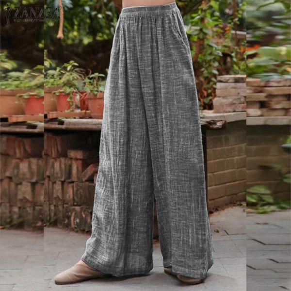 

women's pants & capris 2021 summer casual long pantalon zanzea women elastic waist wide leg vintage solid palazzo trousers female turni, Black;white