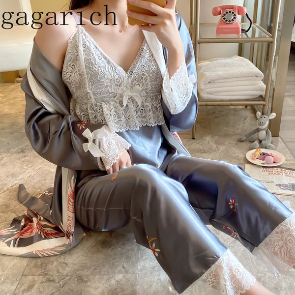 

гагарич 2 шт набор женщин корейский стиль кружева с длинным рукавом шелковые пижамы весна лето сексуальная камзол три части набор мода, White