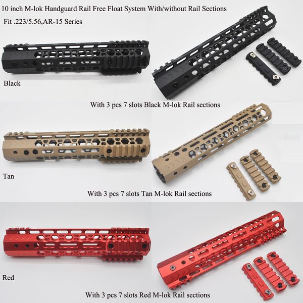 10 '' inç M-lok Handguard Raylı Picatinny Ücretsiz Şamandıra Montaj Sistemi ile / olmadan 3 adet Mlok Raylı Section_Black / Kırmızı / Tan Renkleri