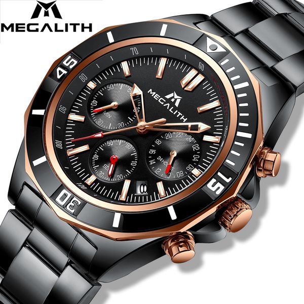 

relogio masculino megalith watch men sports waterproof military quartz clock stainless steel luminous chronograph wrist watches, Slivery;brown