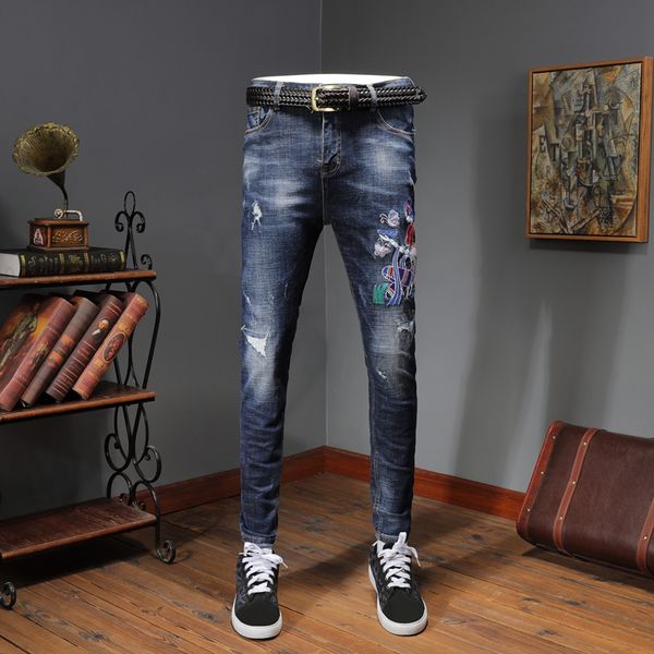 

men personality embroidery ripped stretch slim fit blue jeans