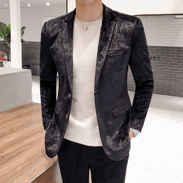 

embossing blazer men slim fit elegent jacket large size party nightclub singer host groom wedding dress floral casual blazer, White;black