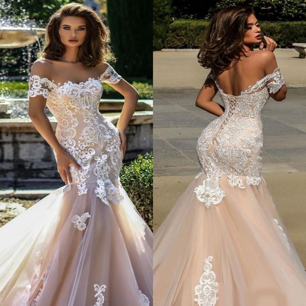 

2020 new luxury mermaid wedding dresses off shoulder sheer neck tulle lace appliques illusion sweep train plus size formal bridal gowns, White