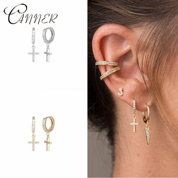 

canner fashion cross round stud earrings for women men's dropping full rhinestone 925 sterling silver earrings korean jewelry, Golden;silver