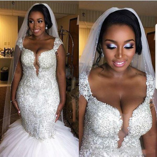 

2019 Luxury Mermaid African Plus Size Wedding Dresses Sweetheart Cap Sleeves Beaded Crystals Wedding Dress Ruffles Bridal Gowns