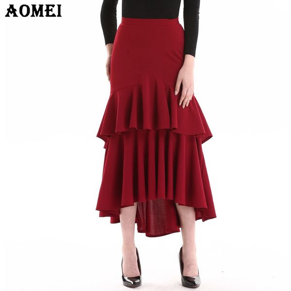 

ladies ruffles cake irregular skirt wine red color high waist female elegant party wear bottoms saias swallowtail clothing, Black;gray