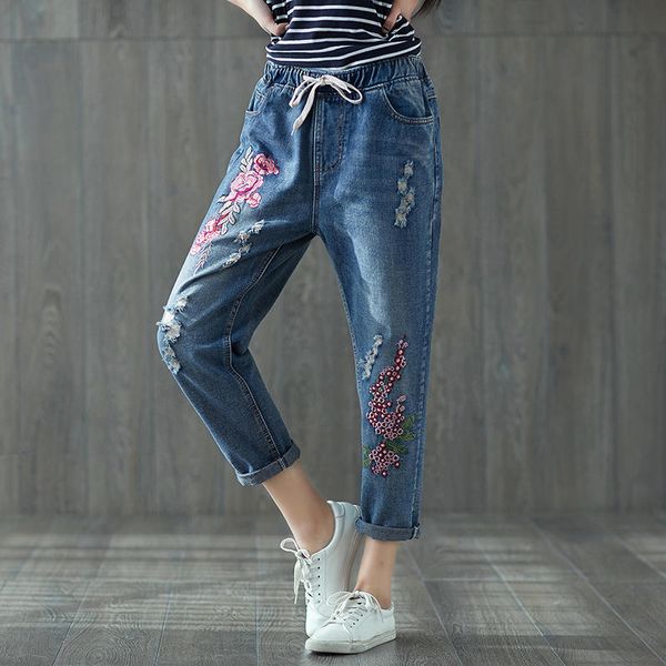 

vintage jeans with high waist harem pants women jeans boyfriends embroidery casual streetwear plus size mom female q1534, Blue