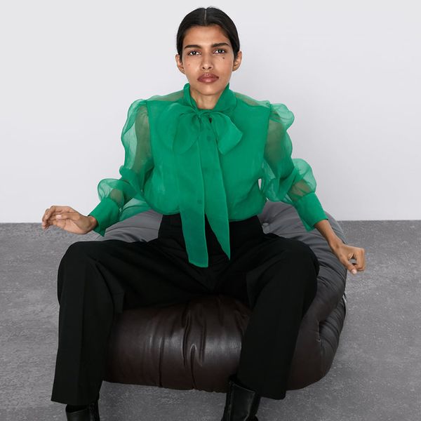 

new green bow shirt blouse translucent stand collar bow long sleeve breasted closure hard yarn charm shirt wholesale, White