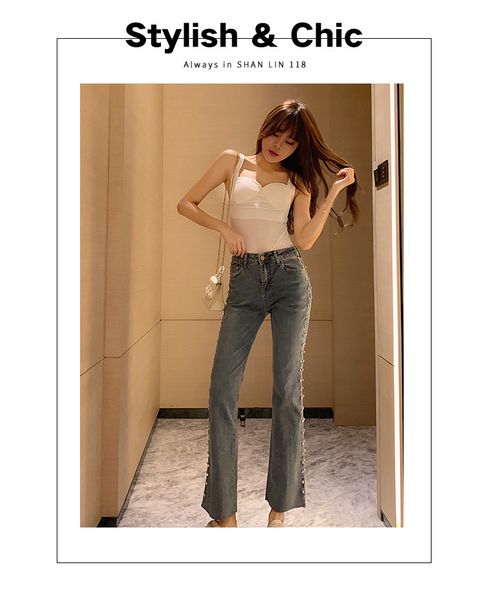 

light grey new jeans women 20 spring leisure han edition high waist, Blue