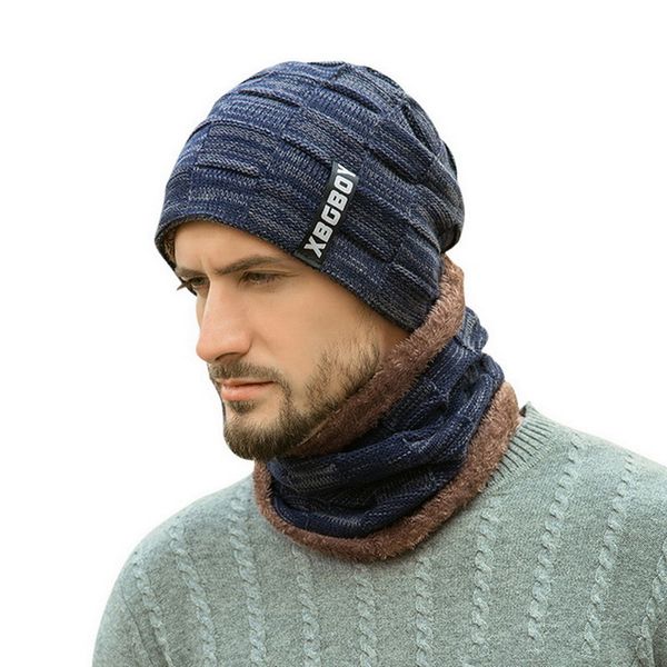 

men knit cap men 2-pieces beanie hat scarf set thick letter print cap plush knit hat soft for
