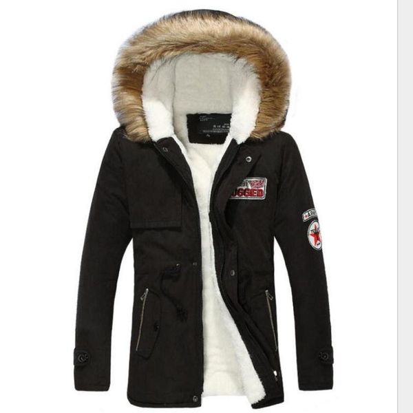 

men's fleece thick warm winter coat long fur collar army green men parka fleece cotton coats male tactical jacket parka, Black