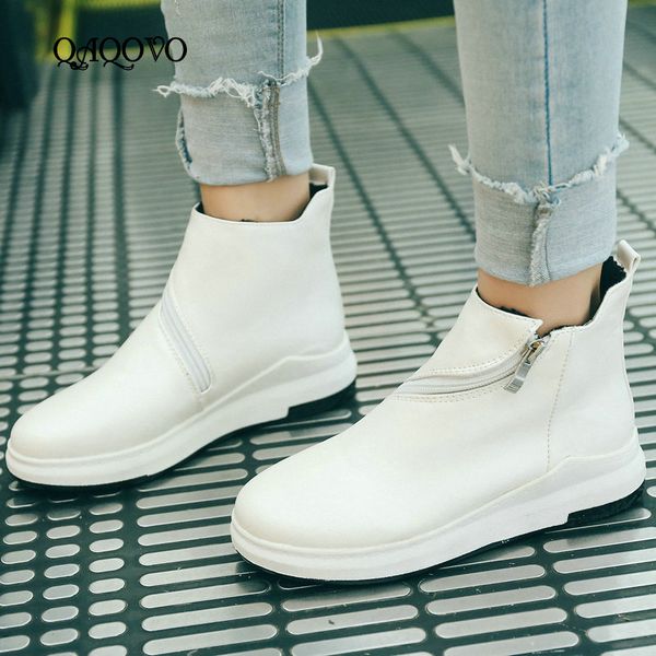 

women ankle boots fashion front zipper shoes comfy flat heel boots shoes winter casual ladies black white big size43