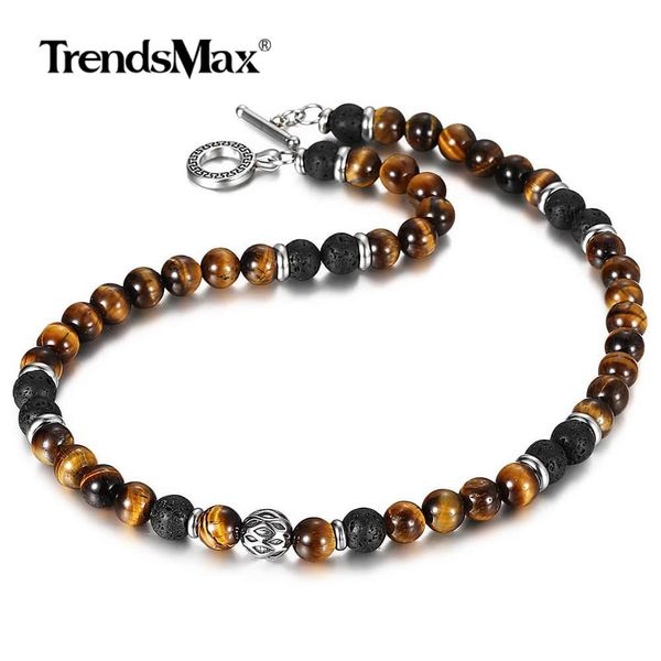 

8mm men's unique natural tiger eyes stone lava bead necklace stainless steel bead charm link chain male jewelry gift tnb002, Silver