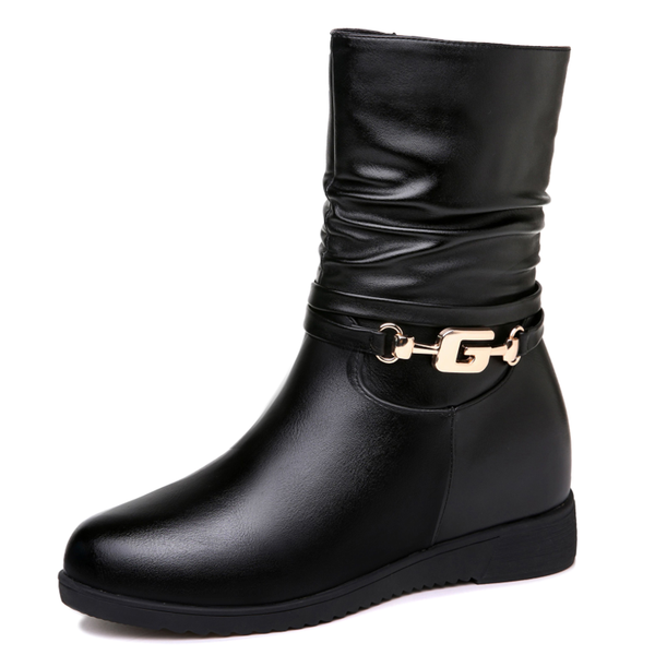 

fashion mid-calf women boots round toe pu leather women shoes short plush warm winter boots black shoes 3-84