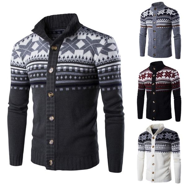 

monerffi autumn men christmas sweater autumn warm fashion printed sweater coat casual stand collar mens knitted cardigan button, White;black