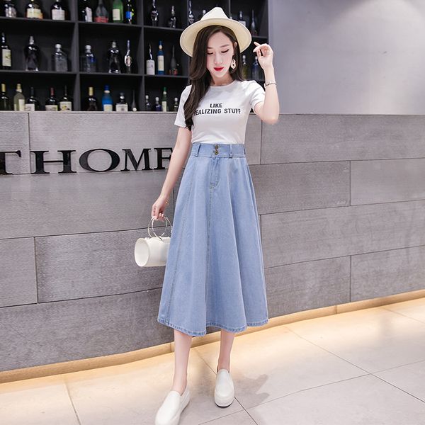 

2019 new korean high waist denim women's skirt long fashion a line woman skirts blue summer skirt for ladies jeans, Black