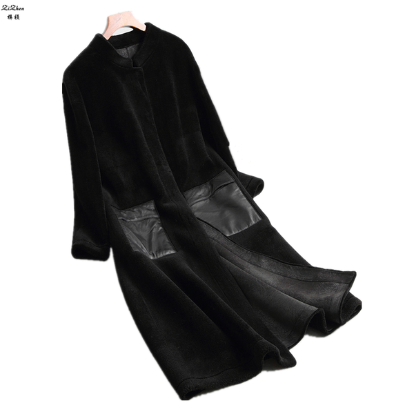 

zizhen wool long overcoat with real leather pockets black trench suede inside winter warm women kqn68290