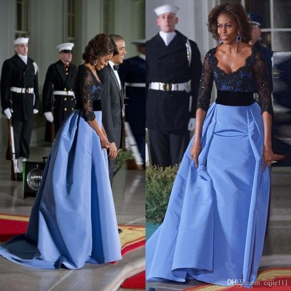 2019 Yeni Michelle Obama Seksi Örgün Abiye Yarım Kollu Ile Siyah Dantel Payetli Kadın Abiye Kırmızı Halı Ünlü Elbise