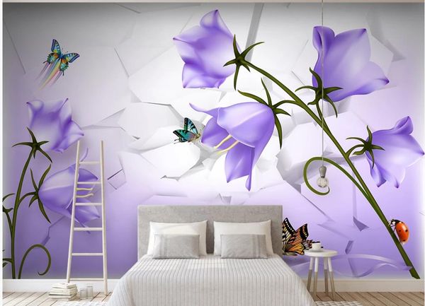 carta da parati moderna per soggiorno Bellissimi fiori viola e farfalle fantasy Sfondi 3D Sfondo TV muro