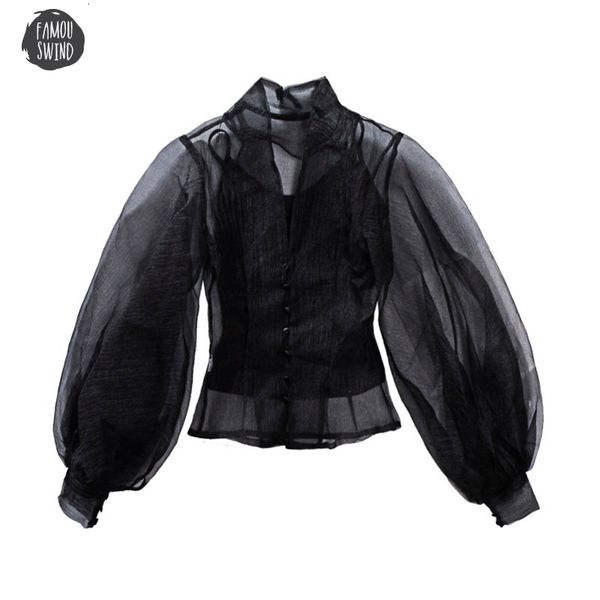 

hollow out shirt female stand collar lantern sleeve tunic high waist shirts spring large fashion size clothing, White