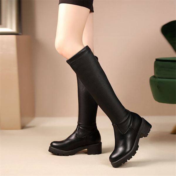

pxelena 2020 winter knee high knight riding boots warm slip on chunky block med heels punk gothic biker long boots shoes ladies, Black