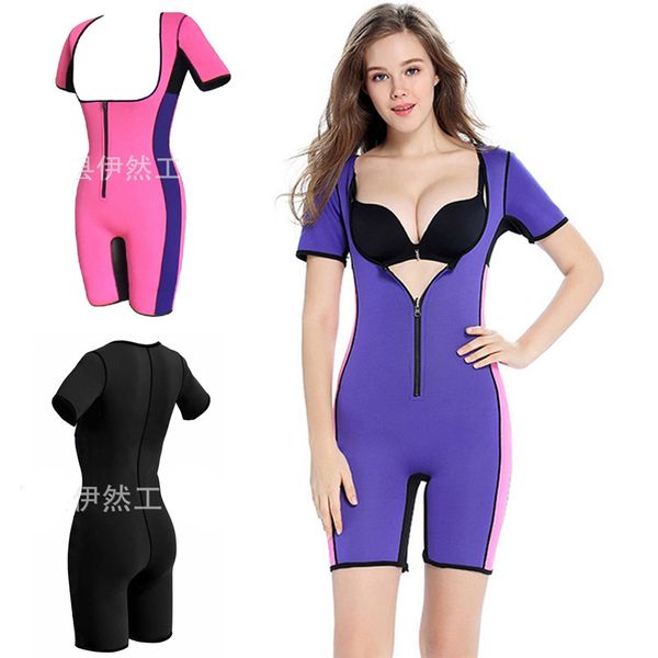 

womens short sleeves bodysuit one-piece body shaper neoprene sauna sweat fitness slimming shapewear for yoga sport out work suit, Black;gray