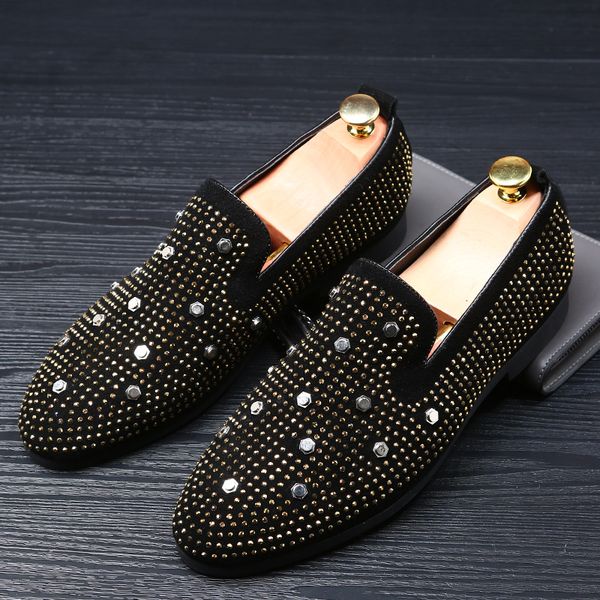 

red bottom of loafers men flats with rivet diamonds glitter casual shoes black leather wedding dress chaussure homme