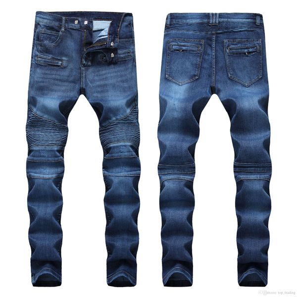 

men's distressed ripped skinny jeans fashion designer mens jeans slim motorcycle moto biker causal mens denim pants hip hop men jeans, Blue