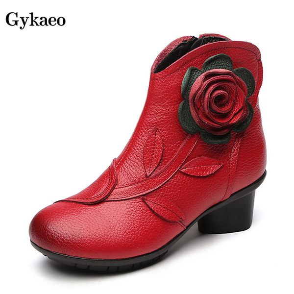 

gykaeo casual women's boots folk style handmade women genuine leather cotton shoes woman low heels ankle boots warm botas mujer t200520, Black