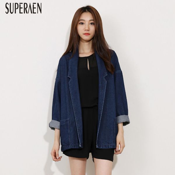 

superaen 2019 new europe fashion women denim jacket wild fashion casual lapel long sleeves spring and autumn jacket female, Black;brown