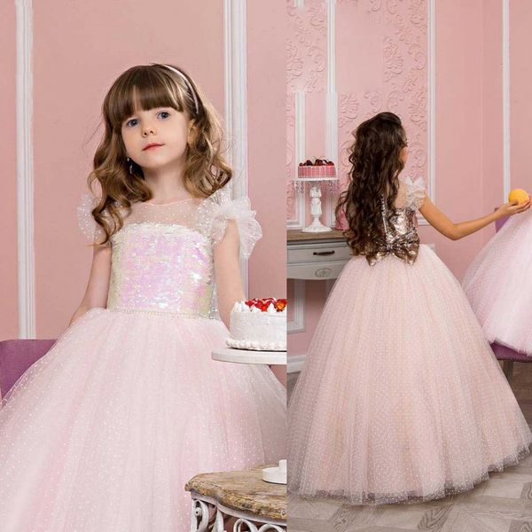 

2020 modest flower girl dress sleeveless jewel neck zipper sequins ball gown ankle length tulle lace princess girl dress, White;blue