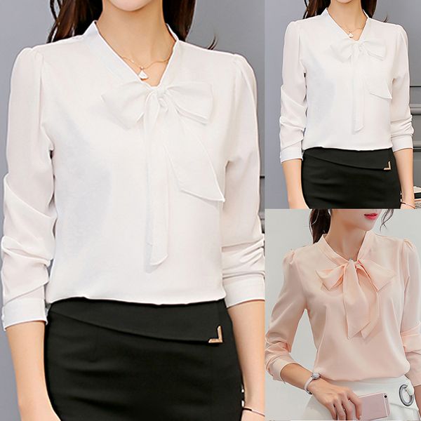 

fashion women work office long sleeve bow stand collar button down solid polyester chiffon blouse shirt blusas mujer de moda, White