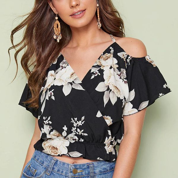 

jaycosin fashion women printed cold shouder camis banfdage deep v-neck short sleeve blouse tank summer tankdrop, White